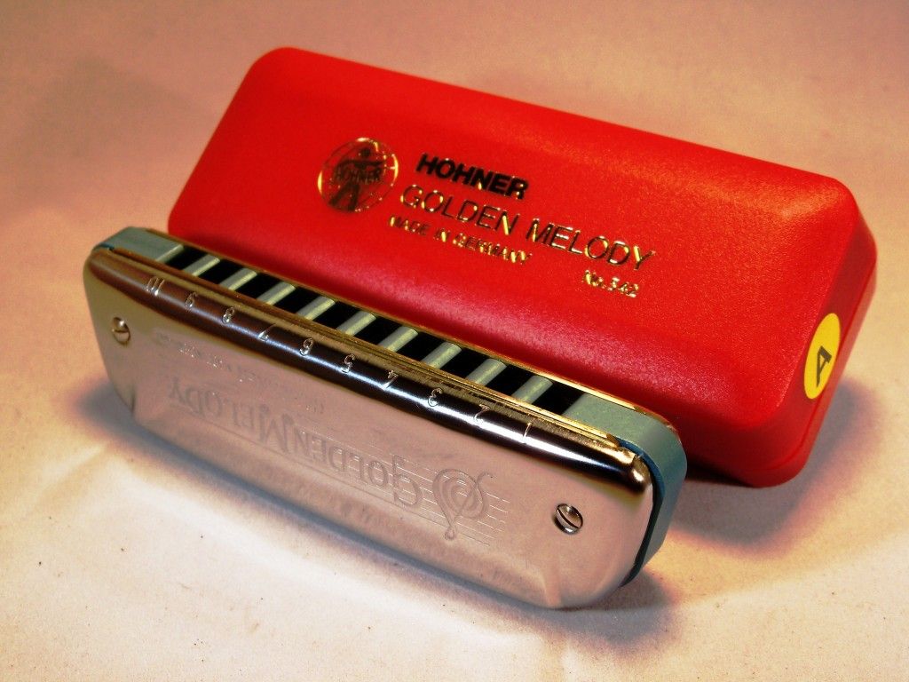 Golden Melody in A, Brand New, Never Played Golden Melody with Stock Cover Plates and CNC Milled Blue Aluminum Comb.  Harmonica Creations by www.BlueMoonHarmonicas.com.